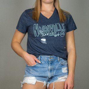 NWT League 91 Navy Blue Nashville Tennessee Music City V-Neck Graphic T-Shirt